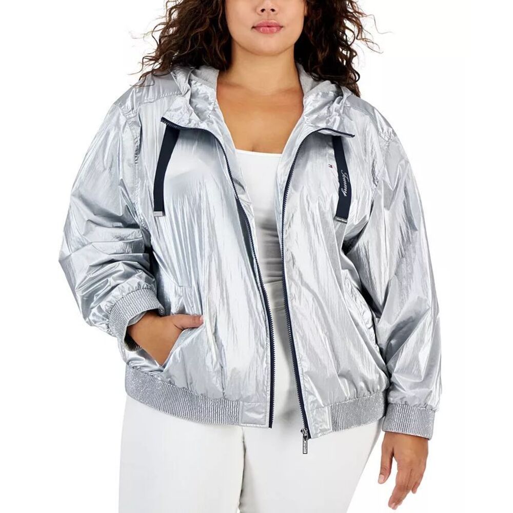 Tommy Hilfiger Hooded Jacket Womens 1X Silver Metallic‎ Bomber Windbreaker NWT